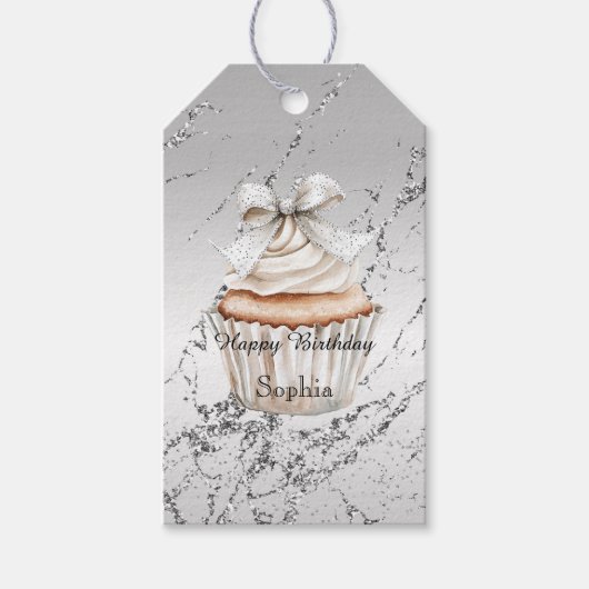 Glänzender Silberweißer Cupcake-Bogen Geburtstag Geschenkanhänger (Vorderseite)