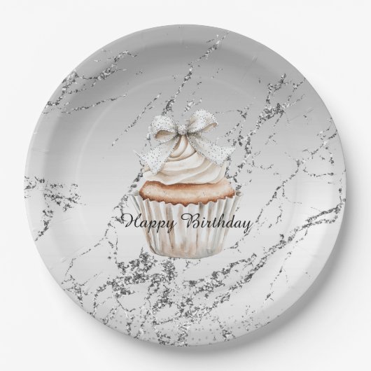 Glänzender Silberweißer Cupcake-Bogen Geburtstag Pappteller (Vorderseite)
