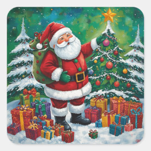 Glänzender und fröhlicher Weihnachtsmann-Sticker-A Quadratischer Aufkleber