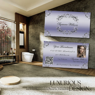Glänzendes Blau Silber Dekor mit Foto und QR-Code Visitenkarte
