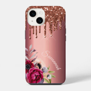 Glänzendes Bronze-Kupfer-Metall-Monogramm-Blumenmu iPhone 14 Hülle