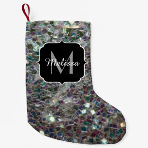Glänzendes farbenfrohes silbernes Mosaik-Monogramm Kleiner Weihnachtsstrumpf