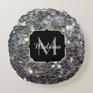Glänzendes farbenfrohes silbernes Mosaik-Monogramm Rundes Kissen