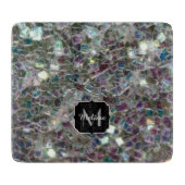 Glänzendes farbenfrohes silbernes Mosaik-Monogramm Schneidebrett (Vorderseite)