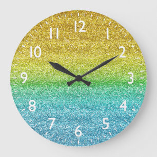 Glänzendes Gelb und Blau Farbverlauf Glitter Große Wanduhr
