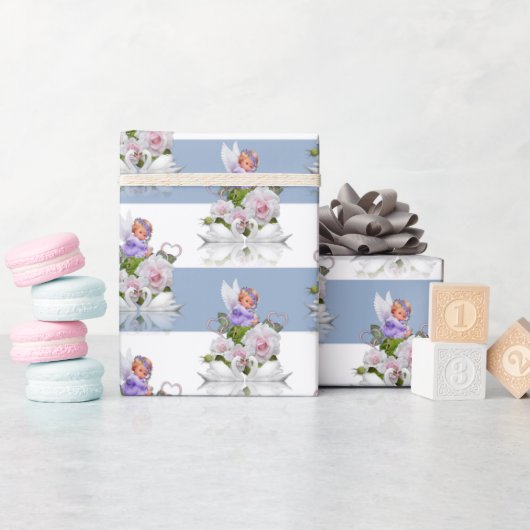 Glänzendes Geschenkpapier Blau & Weiß gestreift (Babyparty)