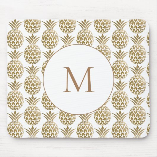 Glänzendes Gold-Ananas-Muster Weißes Monogramm Mousepad (Vorne)