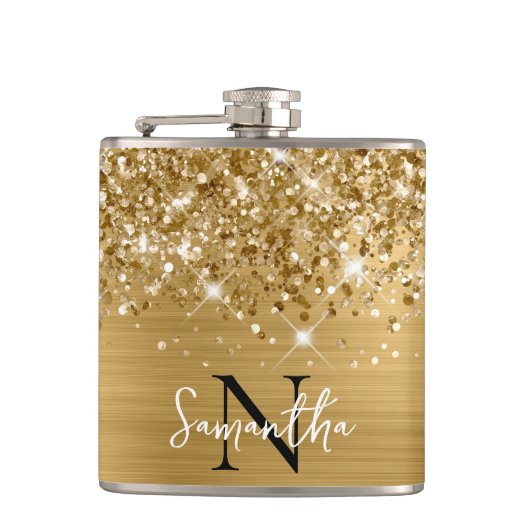 Glänzendes Gold Glam Monogramm Flachmann (Vorderseite)