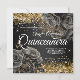 Glänzendes Gold Glitter Schwarze Rose Glam Quincea Einladung