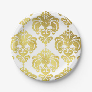Glänzendes Gold & Weiß Damast Vintage Hochzeitsfei Pappteller