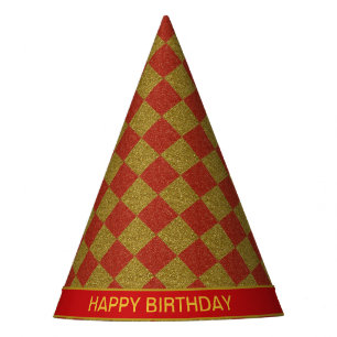 Glänzendes goldenes und rotes Diamantmuster Geburt Partyhütchen
