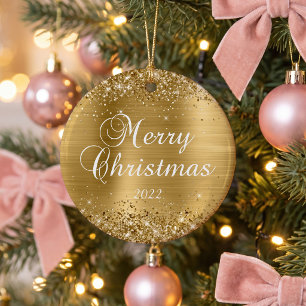Glänzendes Goldfolie Frohe Weihnachten Familienfot Keramik Ornament