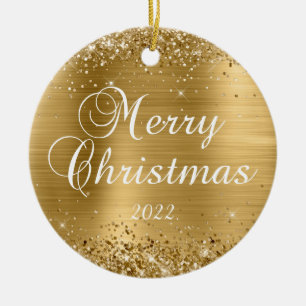 Glänzendes Goldfolie Frohe Weihnachten Familienfot Keramik Ornament