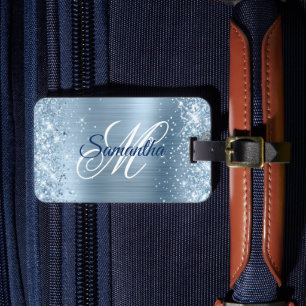 Glänzendes Hellblau-Folie-Fancy-Monogramm Gepäckanhänger