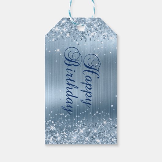 Glänzendes Hellblau-Folie Frohe Geburtstag Geschenkanhänger (Vorderseite)