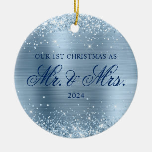 Glänzendes Hellblau-Folie Unser 1. Weihnachtsfoto Keramik Ornament
