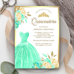 Glänzendes Kleid Mintgrün Floral Gold Quinceanera Einladung