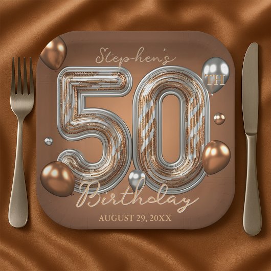 Glänzendes Metallic Silber und Bronze 50. Geburtst Pappteller