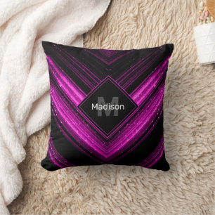 Glänzendes metallisches heißrosa schwarzes Chevron Kissen