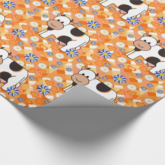glänzendes Papier, orange blaue Blütenkühe Geschenkpapier (Ecke)