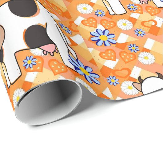 glänzendes Papier, orange blaue Blütenkühe Geschenkpapier (Rolleneckpunkt)