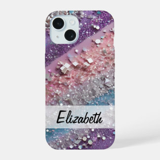 Glänzendes Pastell-Lila, Blau, Rosa und Silber-Gli iPhone 15 Hülle