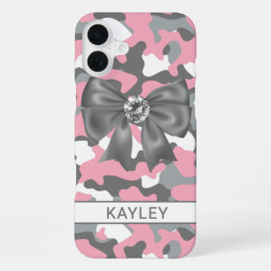Glänzendes Rosa Graues Tarnmuster Personalisiert iPhone 16 Plus Hülle