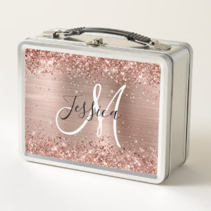 Glänzendes Roségold-Folie Schwarz-Weiß-Monogramm Metall Brotdose