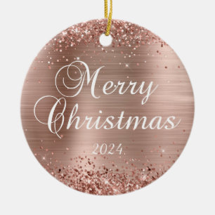 Glänzendes Roségold Frohe Weihnachten Familienfoto Keramik Ornament