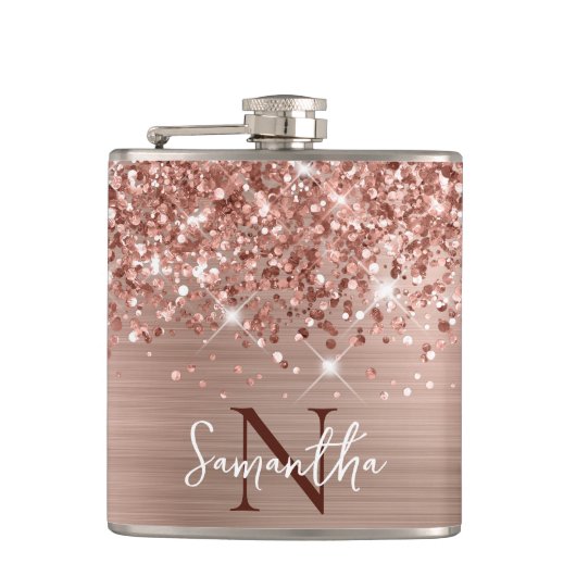 Glänzendes Roségold Glam Monogramm Flachmann (Vorderseite)