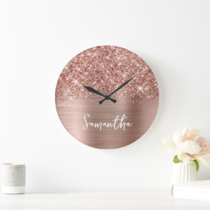 Glänzendes Roségold Glamour Weiß Schrift Name Große Wanduhr