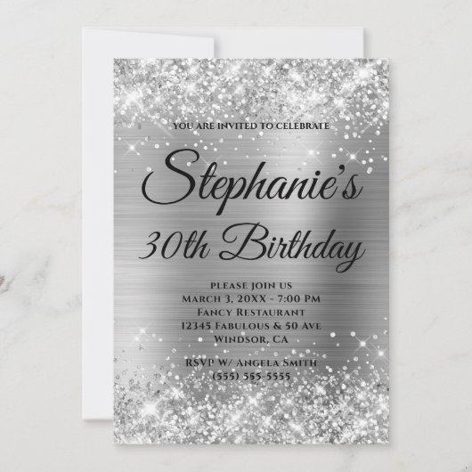 Glänzendes Silber-Fancy-Monogramm 30. Geburtstag Einladung (Vorderseite)