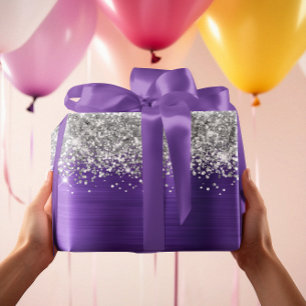 Glänzendes Silber Glitter Amethyst Purpur Faux Fol Geschenkpapier Set