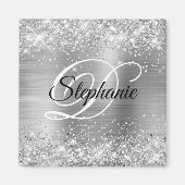 Glänzendes Silber Glitter Folie Fancy Monogramm Magnet (Vorne)