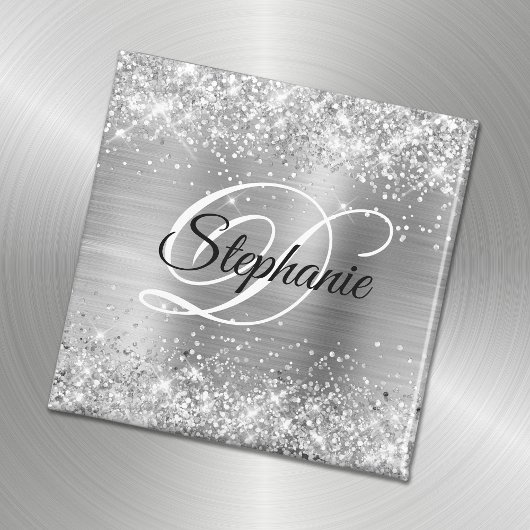 Glänzendes Silber Glitter Folie Fancy Monogramm Magnet