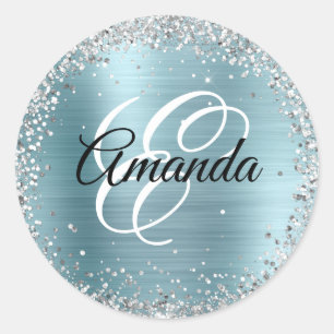 Glänzendes Silber Glitter Hellblau Folien Monogram Runder Aufkleber