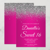 Glänzendes Silber-Glitter-Hot-Pink-Gradient Sweet Einladung (Vorne/Hinten)
