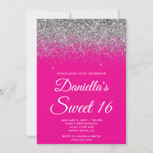 Glänzendes Silber Glitter Hot Pink Sweet 16 Einladung