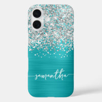 Glänzendes Silber Glitter Türkis Blau Glam Name