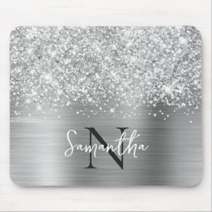 Glänzendes Silber-Grau Glam Monogramm Mousepad