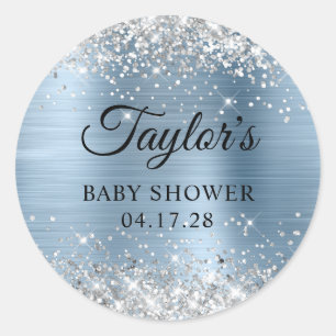 Glänzendes Silber Hellblau Folie Baby Shower Runder Aufkleber