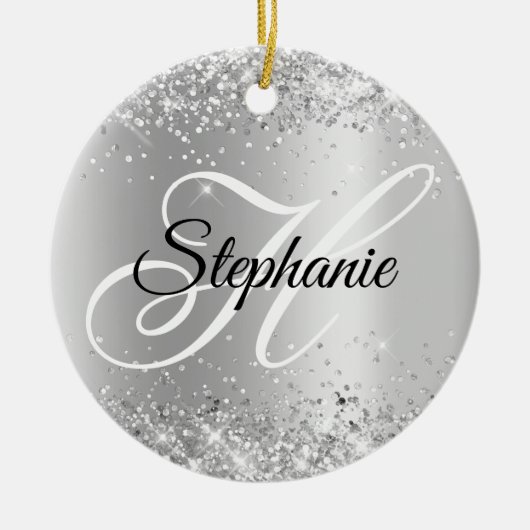 Glänzendes Silber-Schimmer-Fancy-Monogramm Keramik Ornament (Vorne)
