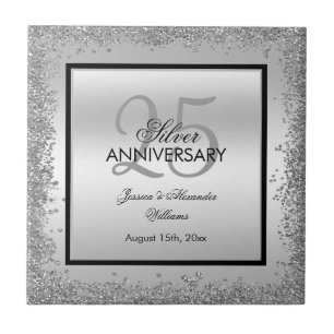 Glänzendes Silber & Schwarz 25. Hochzeitstag   Fliese