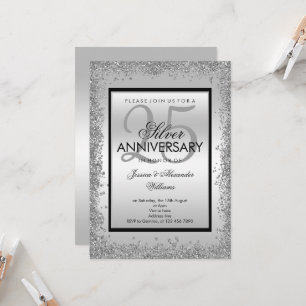 Glänzendes Silber & Schwarz zum 25. Hochzeitstag Einladung