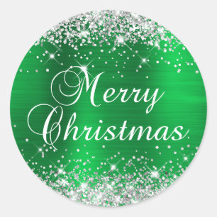 Glänzendes Silber und grüne Folie Frohe Weihnachte Runder Aufkleber