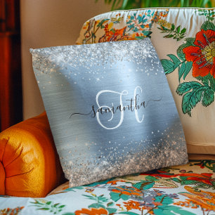 Glänzendes Silber und Hellblau Monogramm Kissen