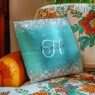 Glänzendes Silber und Türkisblau Monogramm Kissen