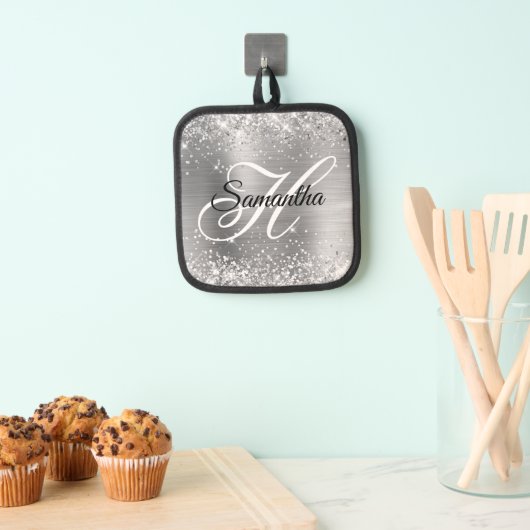 Glänzendes Silberfolie-Fancy-Monogramm Topflappen (Insitu (Hängend))