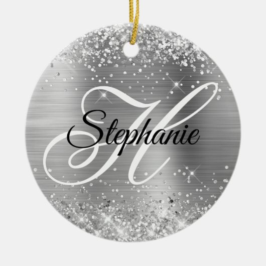Glänzendes Silberfolie-Monogramm Keramik Ornament (Vorne)