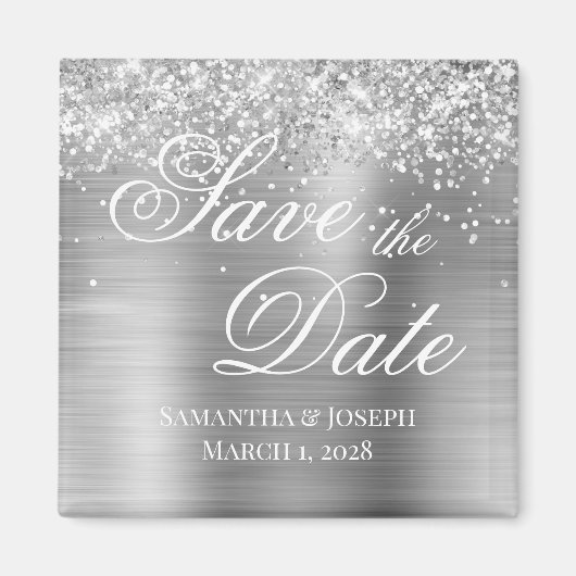 Glänzendes Silberfolie Save the Date Magnet (Vorne)